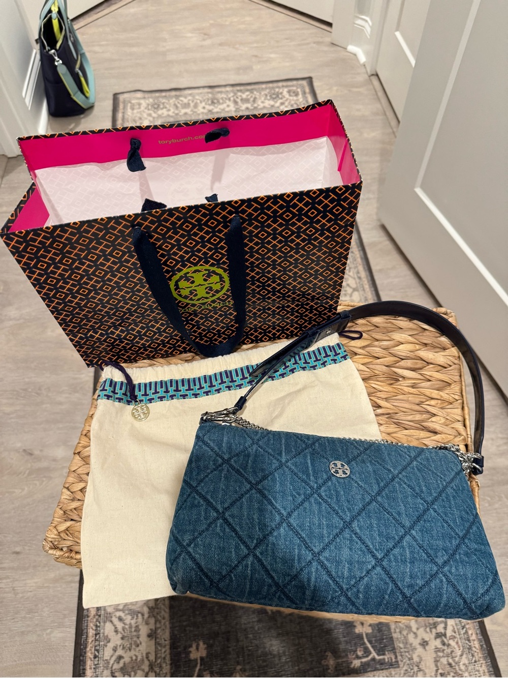 Tory Burch Quilted Denim Shoulder Bag with Silver Logo